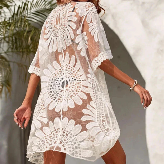 Kimono plażowe w haftowane kwiaty Asklepios-helthfit.pl