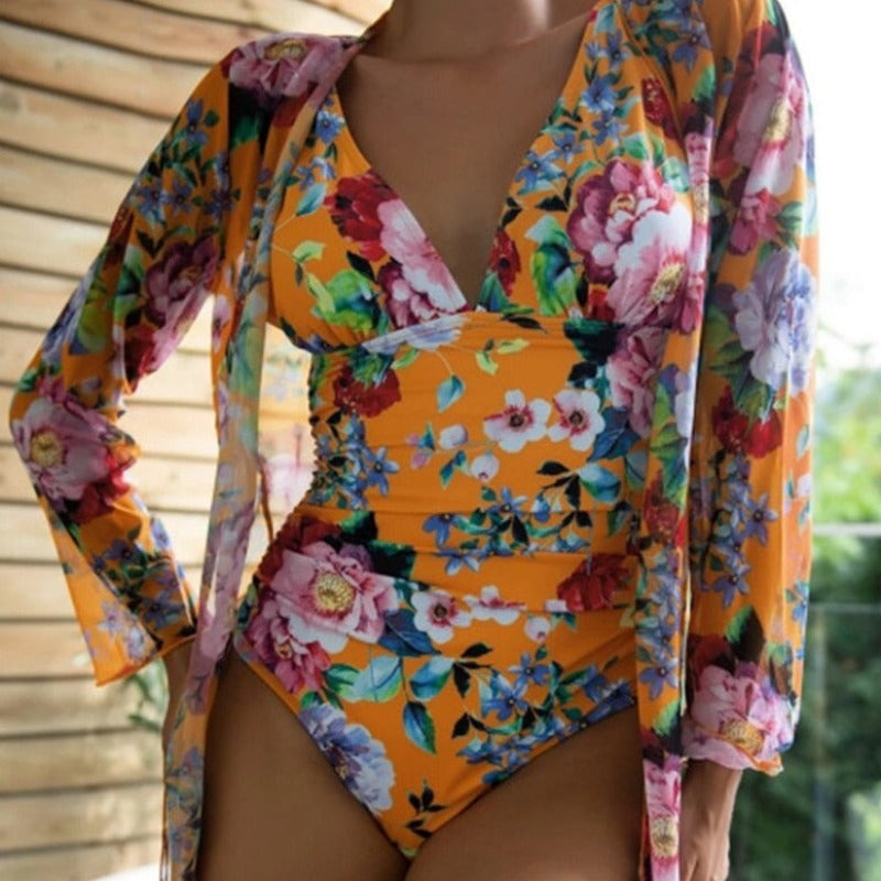 Jednoczęściowy strój kąpielowy w kwiaty + kimono plażowe gratis Erato-Helthfit.pl