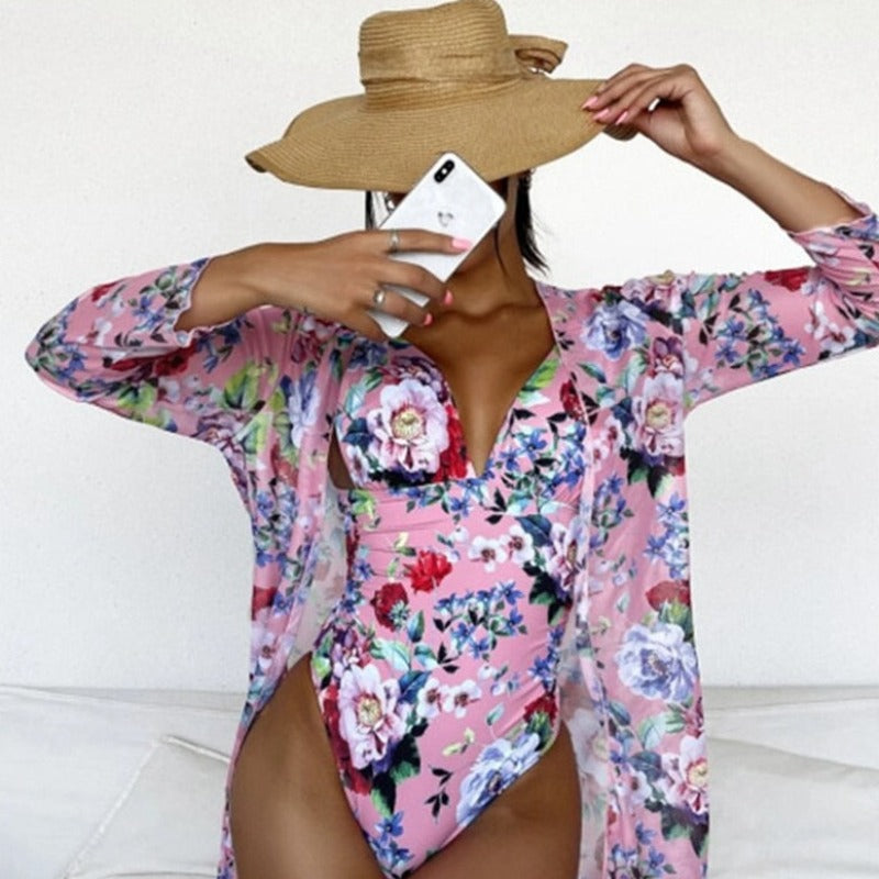 Jednoczęściowy strój kąpielowy w kwiaty + kimono plażowe gratis Erato-Helthfit.pl