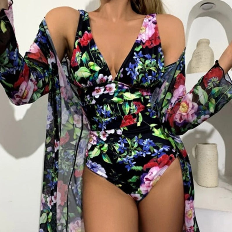 Jednoczęściowy strój kąpielowy w kwiaty + kimono plażowe gratis Erato-Helthfit.pl