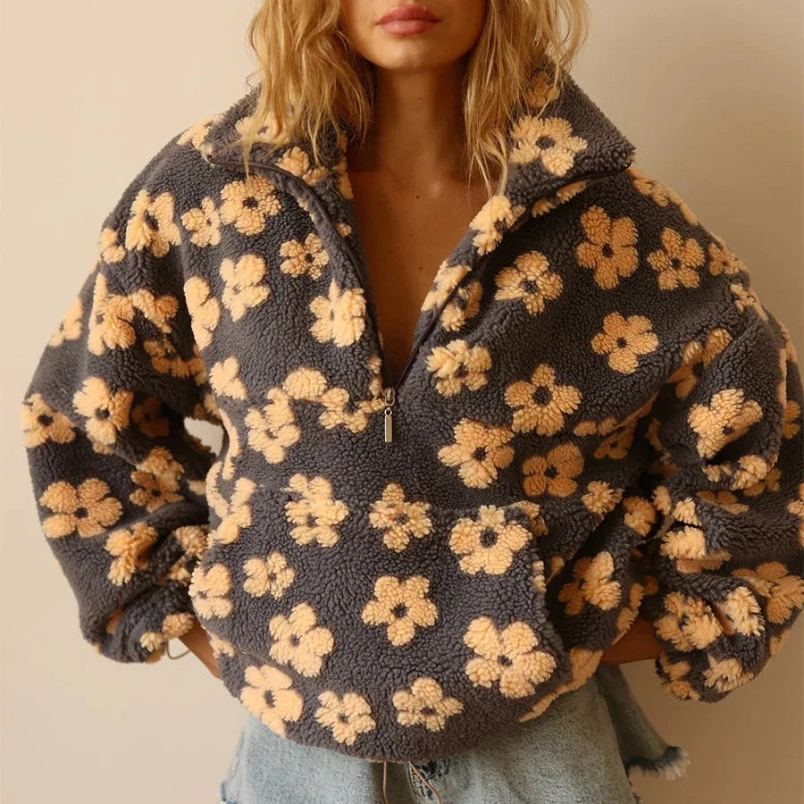 Piękna polarowa ciepła bluza oversize w kwiatki Zefir
