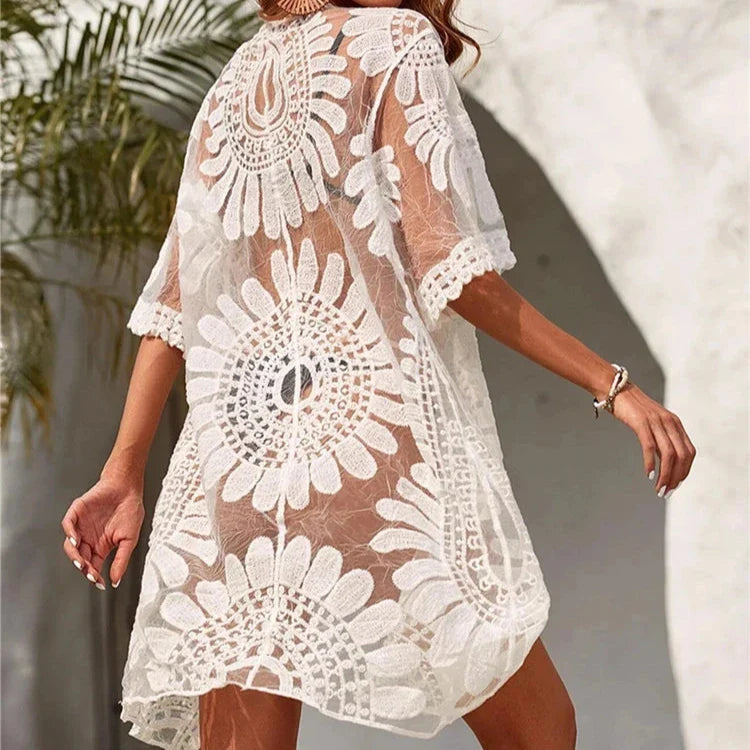 Kimono plażowe w haftowane kwiaty Asklepios-helthfit.pl