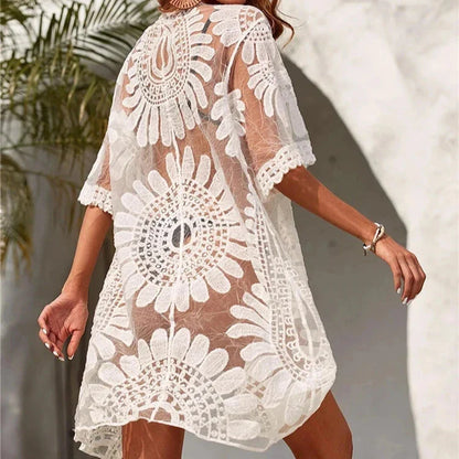 Kimono plażowe w haftowane kwiaty Asklepios-helthfit.pl